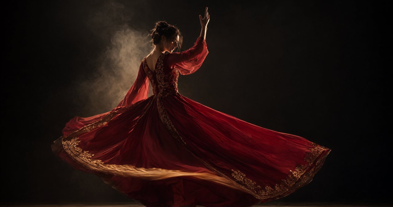Illustration of the skirt-swirl shot: a dancer mid-turn in a crimson skirt with gold trim, the hem opening into a fan that fills the lower frame on a dark stage